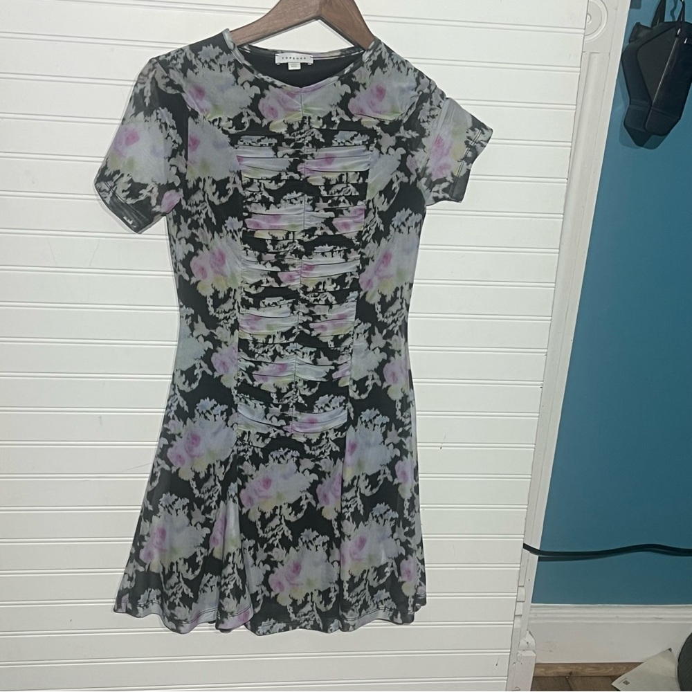 Topshop Black Lavender Floral Print Mesh Ruched Mini Dress Size 4-6
